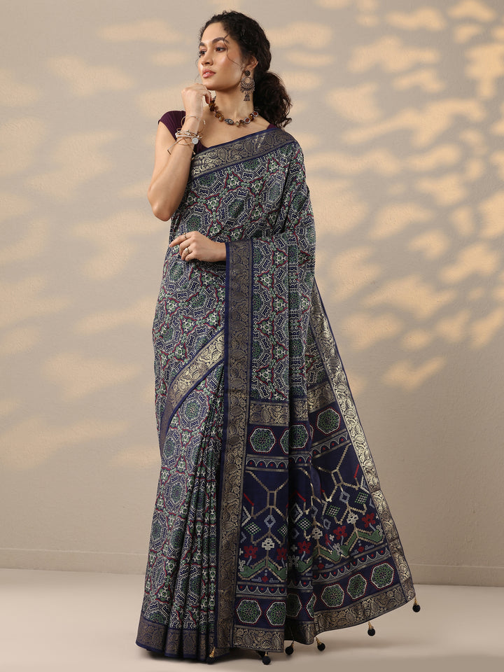 Navy Blue Woven Design Silk Blend Saree With Unstitched Blouse Piece