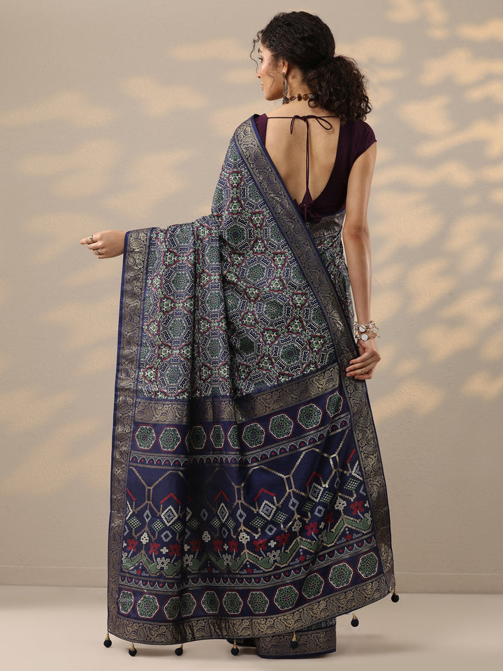 Navy Blue Woven Design Silk Blend Saree With Unstitched Blouse Piece