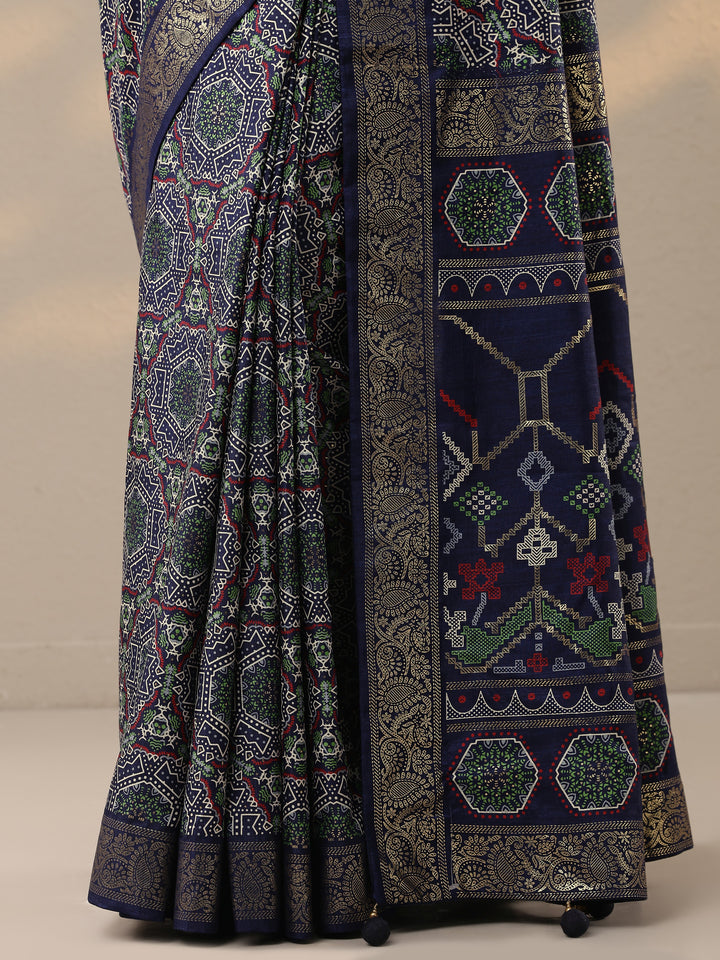 Navy Blue Woven Design Silk Blend Saree With Unstitched Blouse Piece