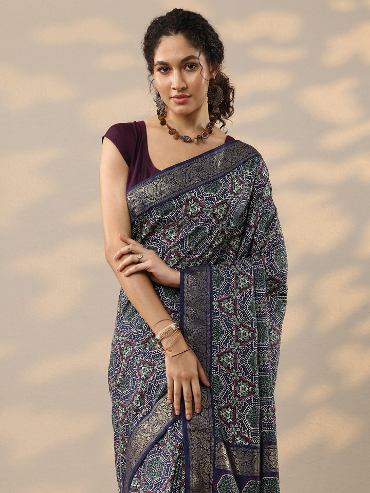 Navy Blue Woven Design Silk Blend Saree With Unstitched Blouse Piece
