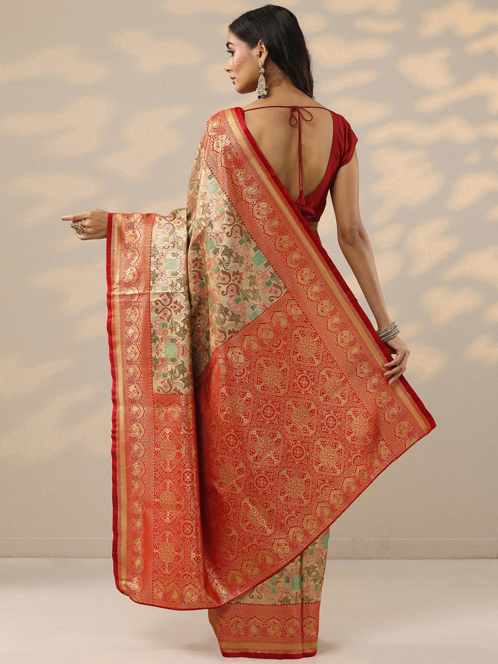 Cream Woven Design Silk Blend Saree With Unstitched Blouse Piece