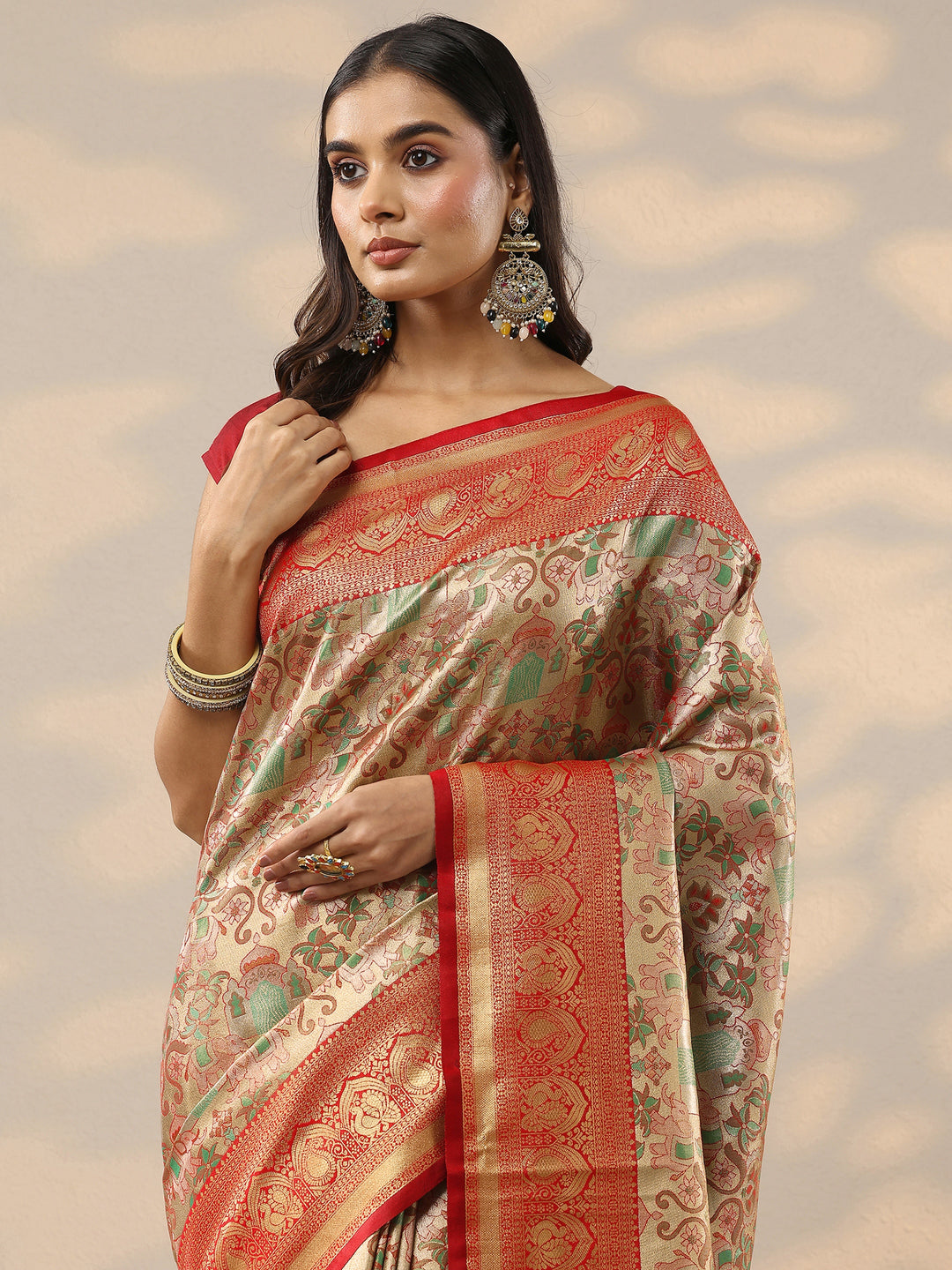 Cream Woven Design Silk Blend Saree With Unstitched Blouse Piece