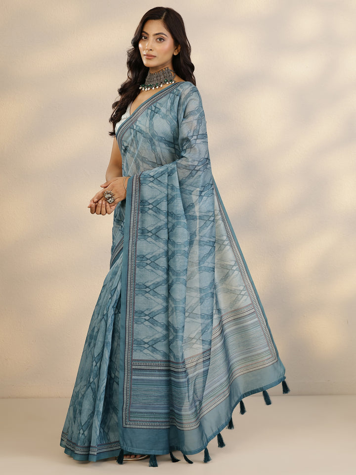 Blue Printed Silk Blend Saree With Unstitched Blouse Piece