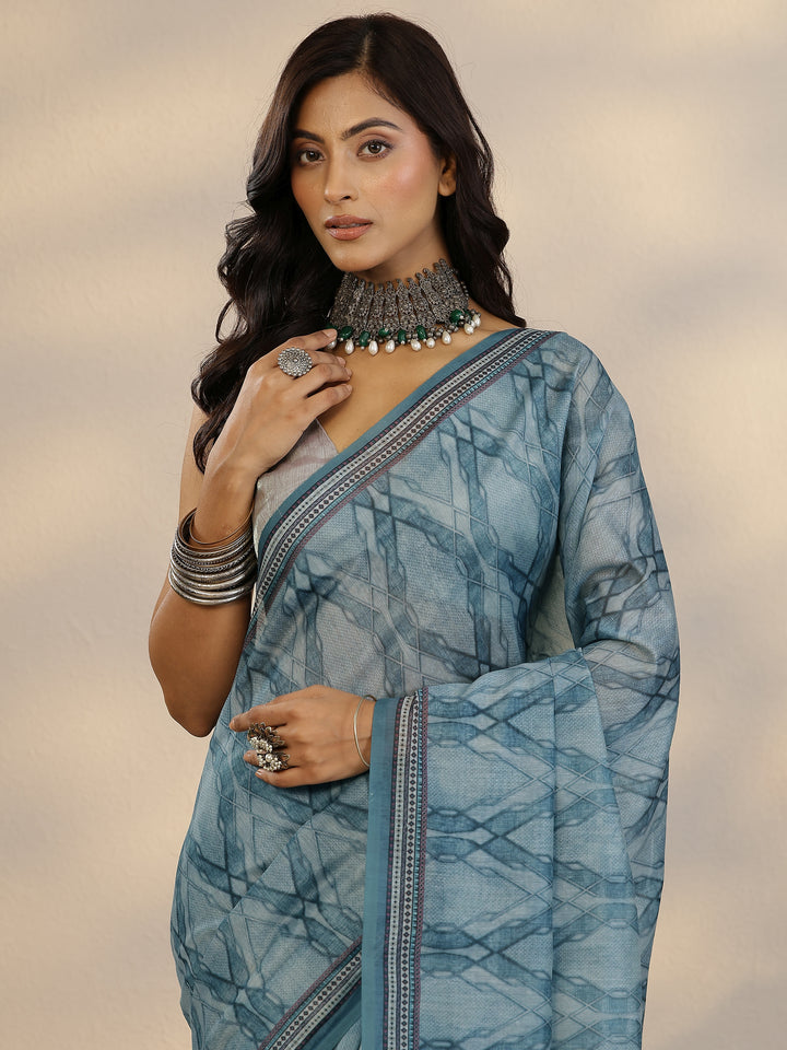 Blue Printed Silk Blend Saree With Unstitched Blouse Piece