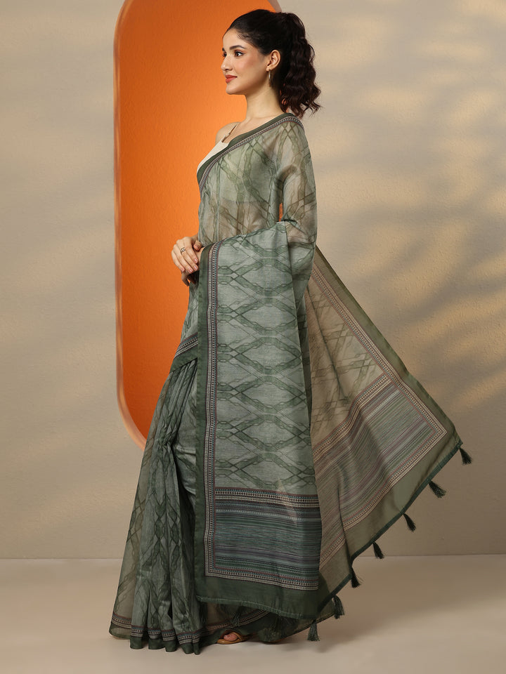 Green Printed Silk Blend Saree With Unstitched Blouse Piece