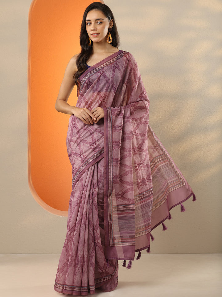 Purple Printed Silk Blend Saree With Unstitched Blouse Piece
