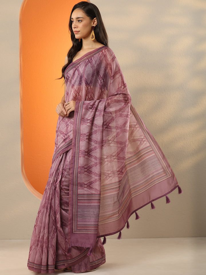 Purple Printed Silk Blend Saree With Unstitched Blouse Piece