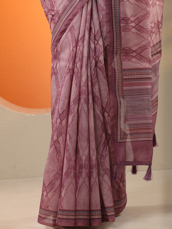 Purple Printed Silk Blend Saree With Unstitched Blouse Piece