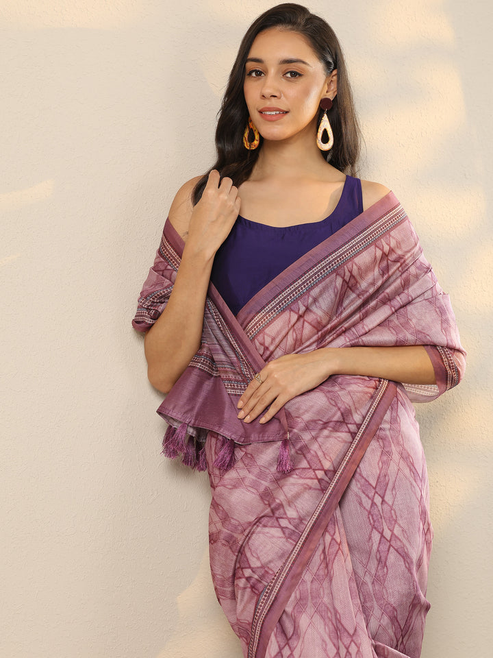 Purple Printed Silk Blend Saree With Unstitched Blouse Piece