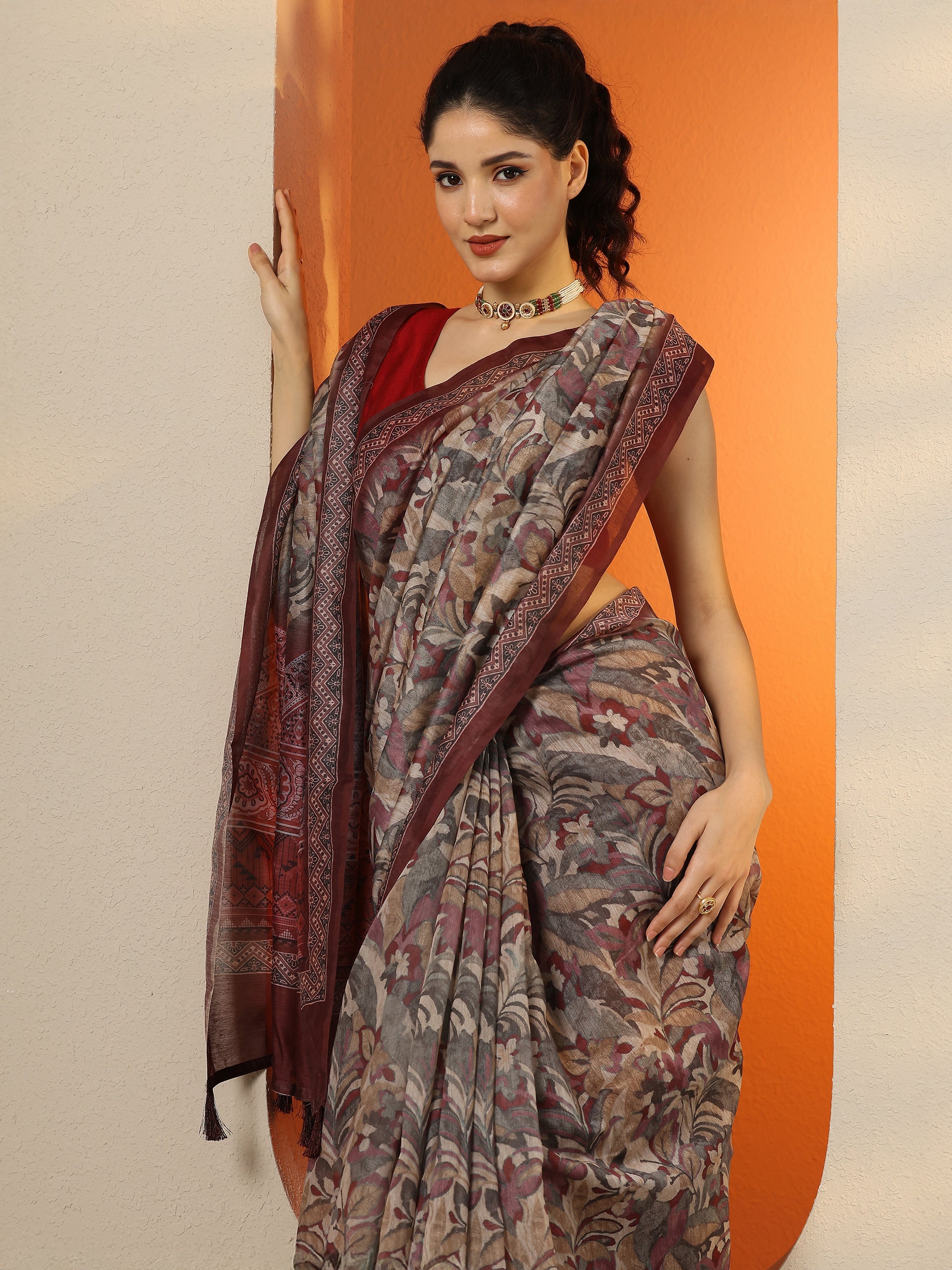 Blue Printed Silk Blend Saree With Unstitched Blouse Piece