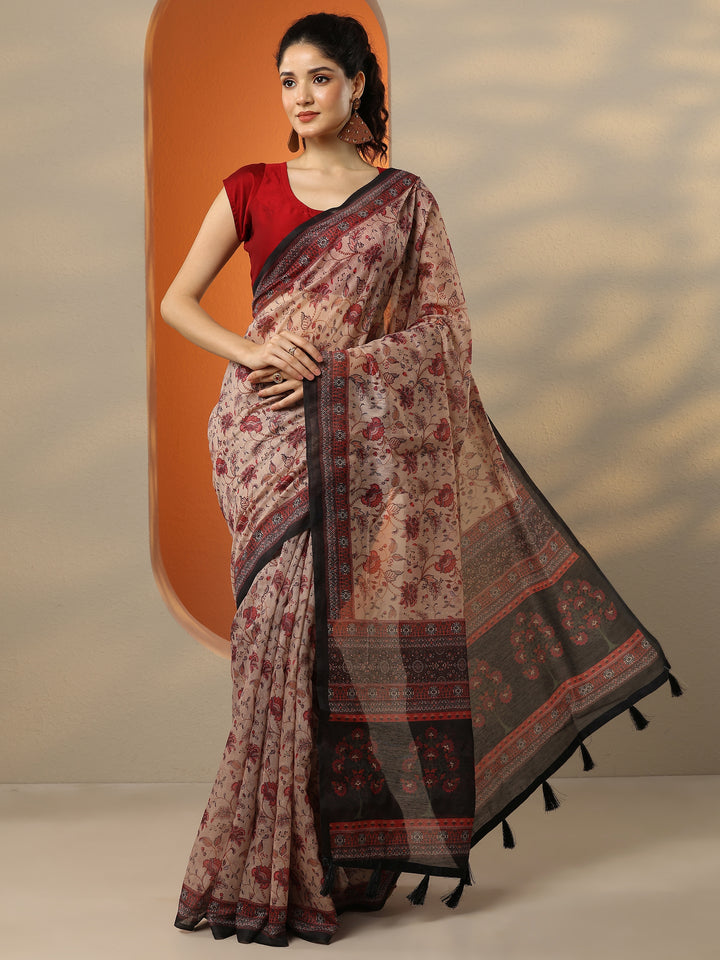 Beige Printed Silk Blend Saree With Unstitched Blouse Piece