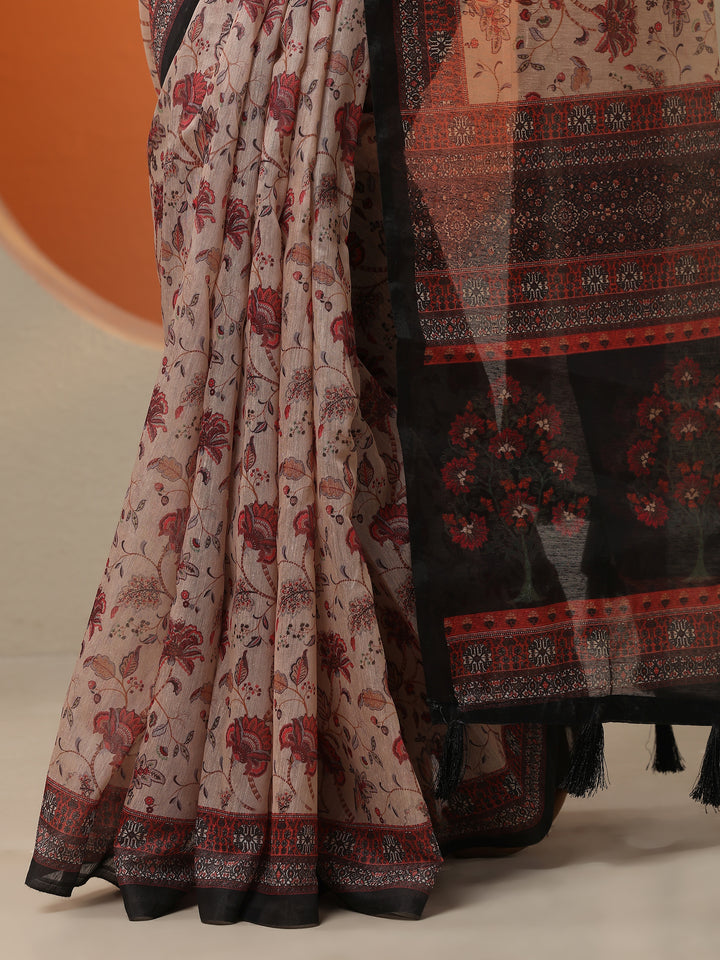 Beige Printed Silk Blend Saree With Unstitched Blouse Piece