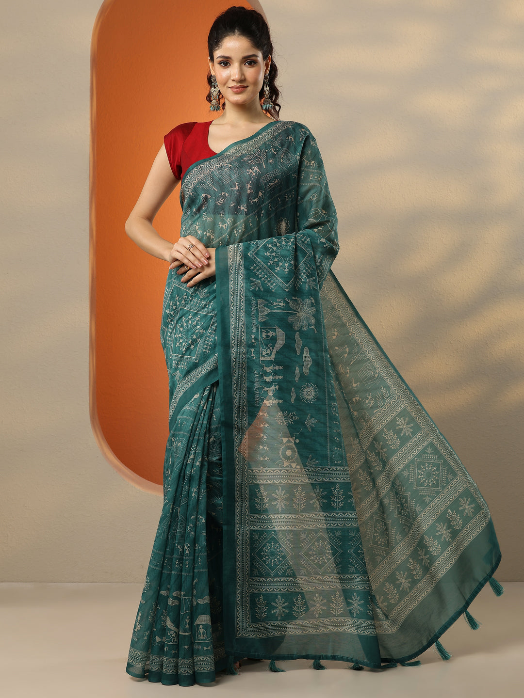 Green Printed Silk Blend Saree With Unstitched Blouse Piece