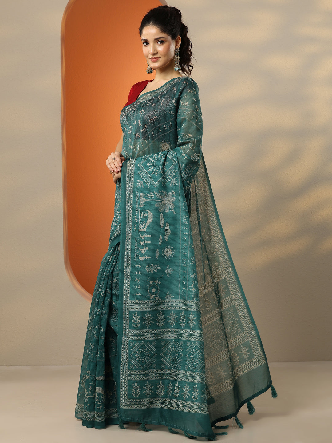 Green Printed Silk Blend Saree With Unstitched Blouse Piece