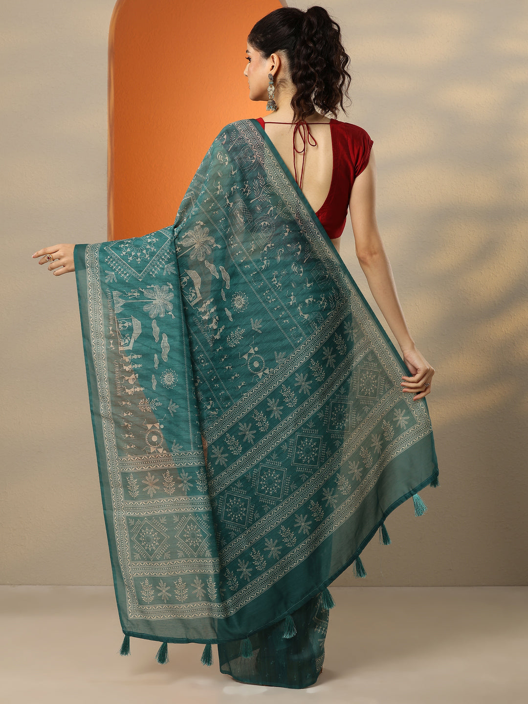 Green Printed Silk Blend Saree With Unstitched Blouse Piece