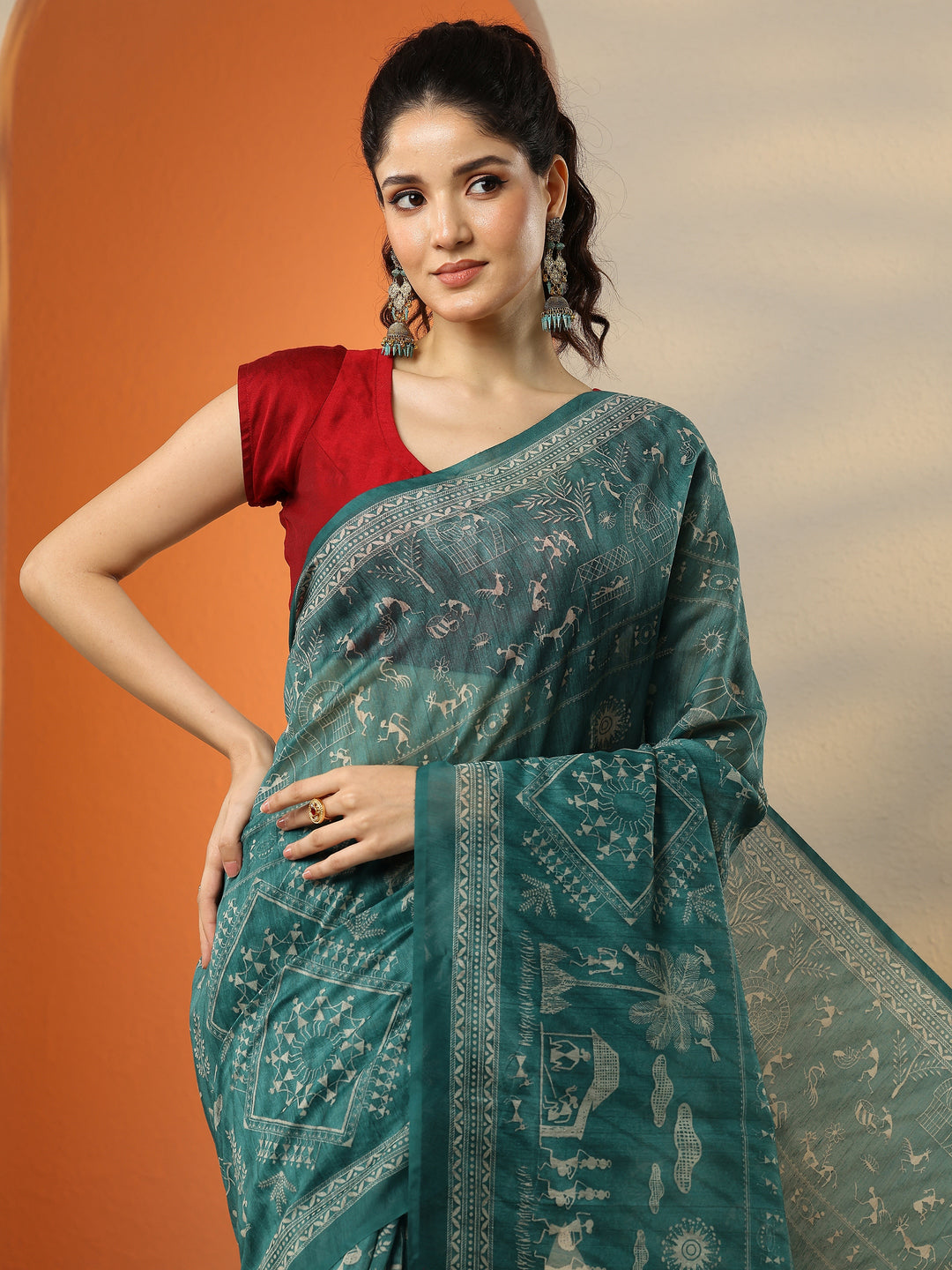 Green Printed Silk Blend Saree With Unstitched Blouse Piece