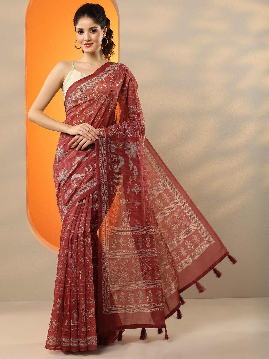Red Printed Silk Blend Saree With Unstitched Blouse Piece