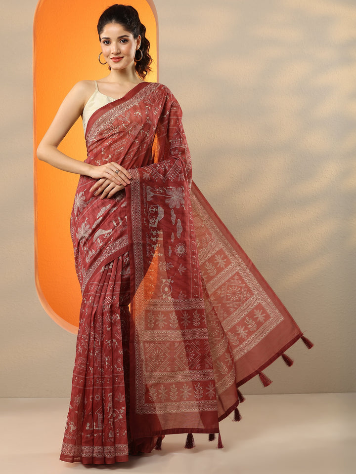 Red Printed Silk Blend Saree With Unstitched Blouse Piece