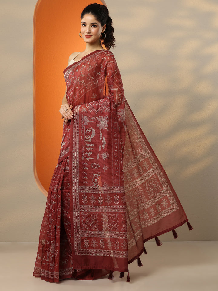 Red Printed Silk Blend Saree With Unstitched Blouse Piece