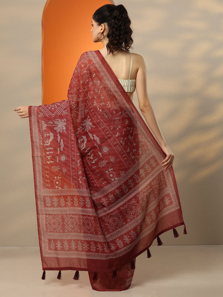 Red Printed Silk Blend Saree With Unstitched Blouse Piece