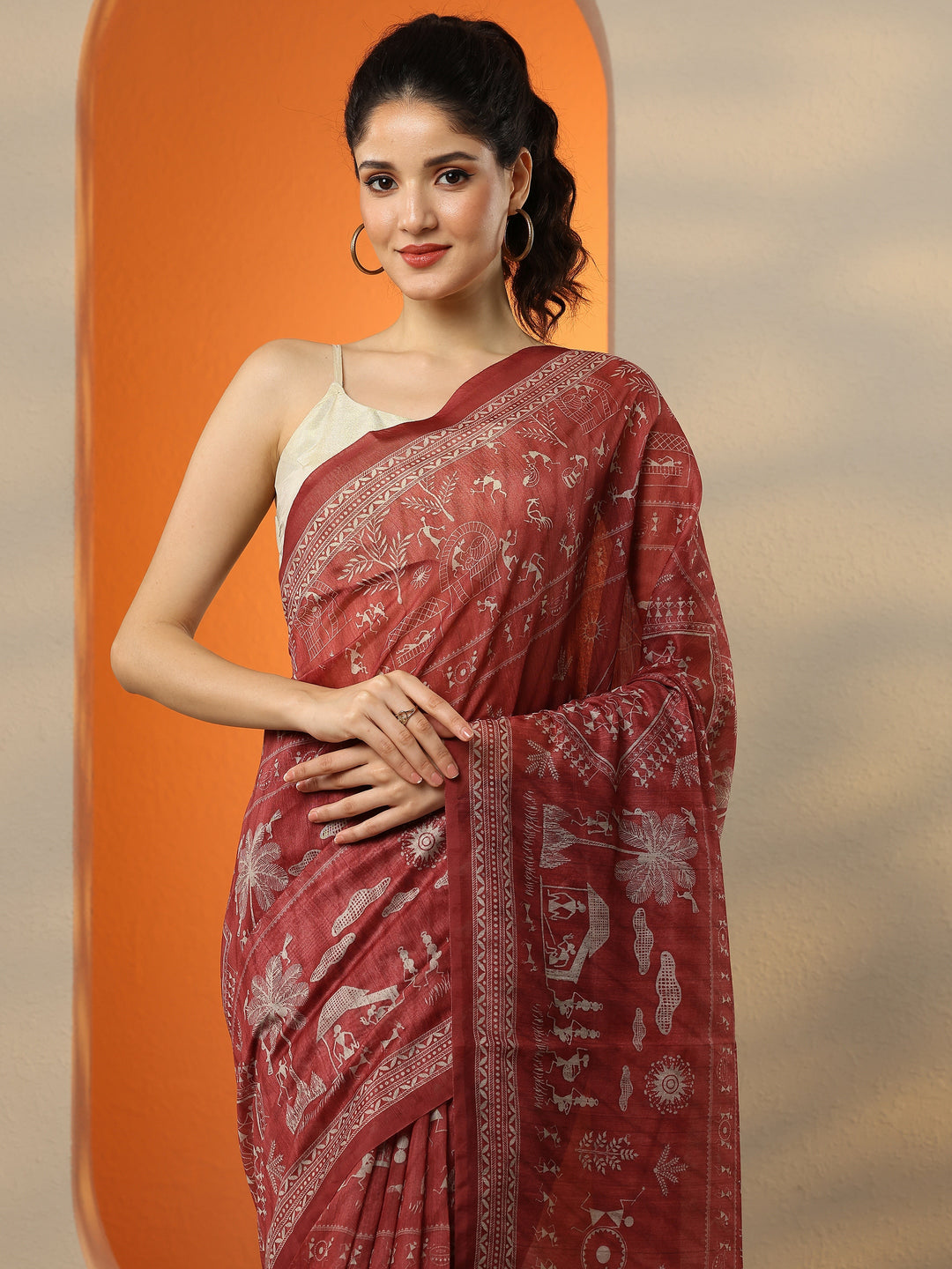 Red Printed Silk Blend Saree With Unstitched Blouse Piece