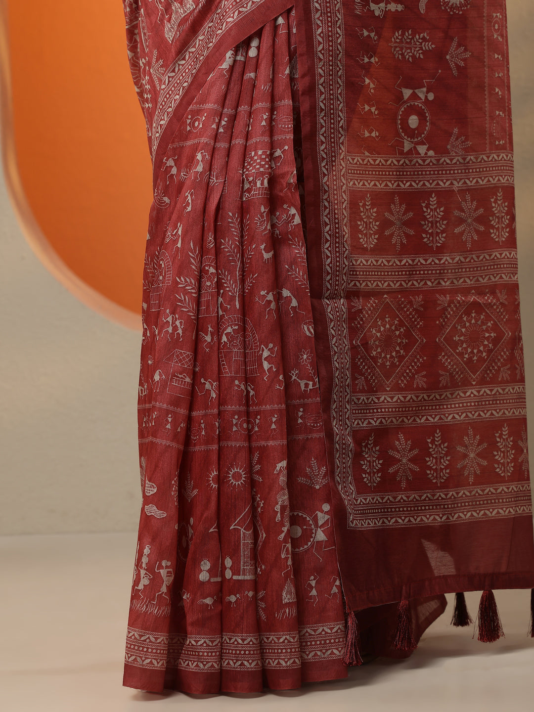 Red Printed Silk Blend Saree With Unstitched Blouse Piece