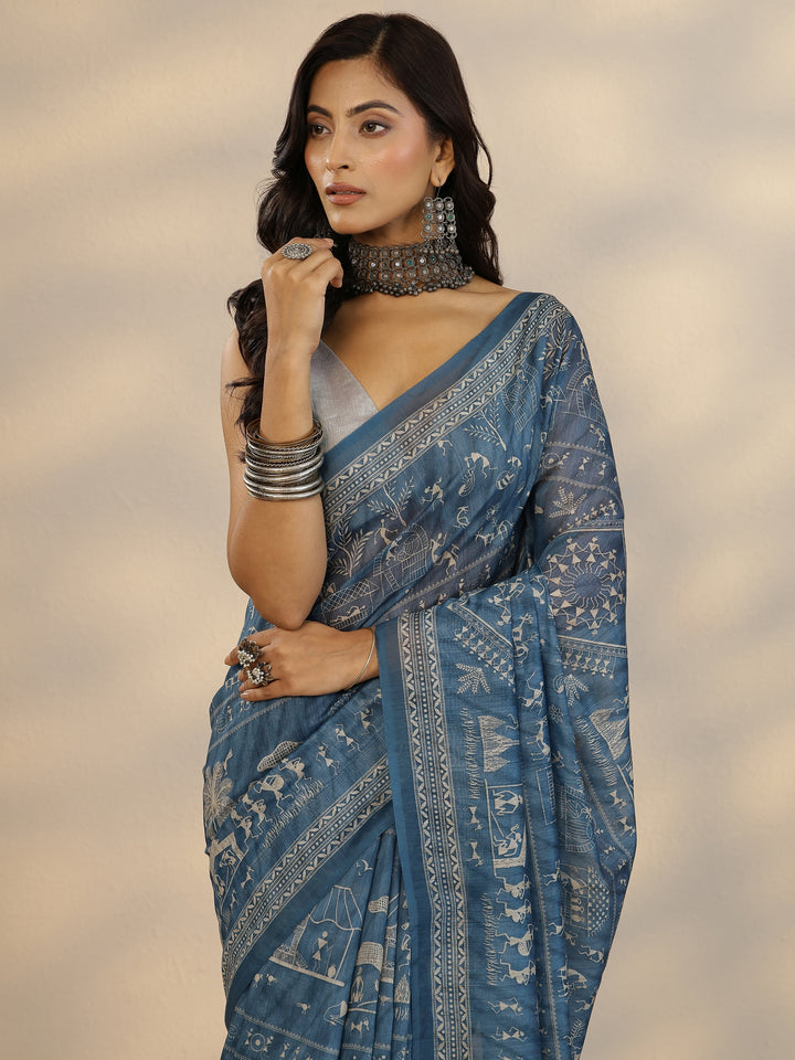 Blue Printed Silk Blend Saree With Unstitched Blouse Piece