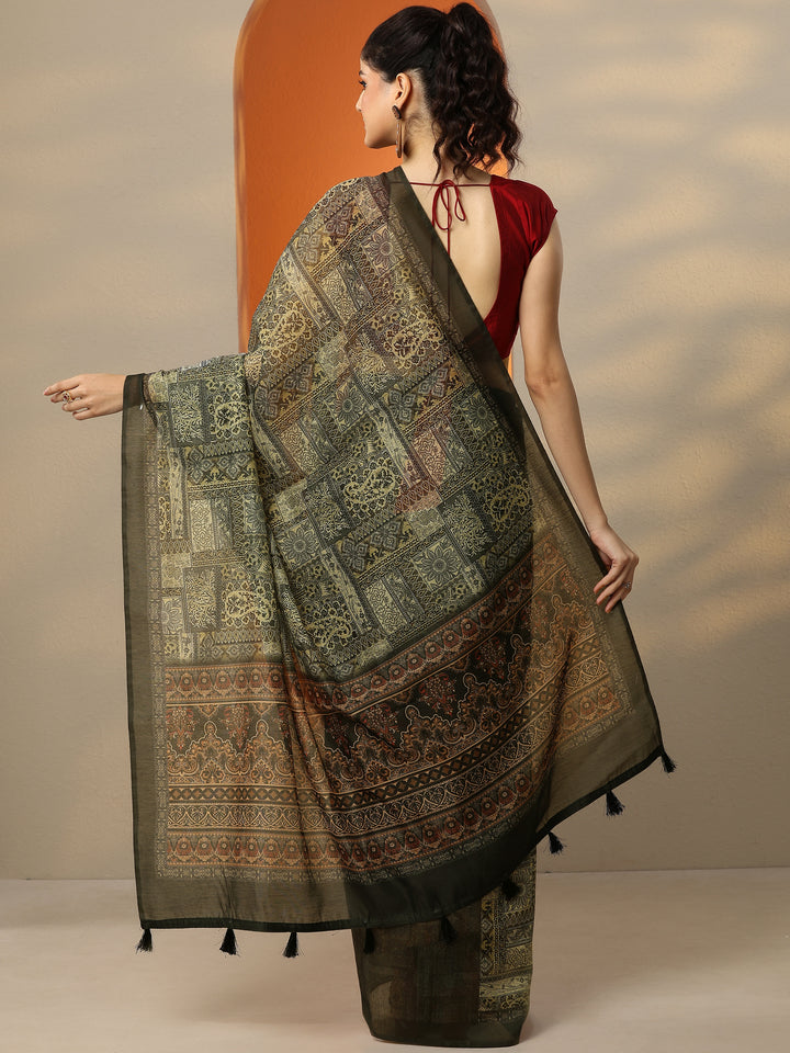 Yellow Printed Silk Blend Saree With Unstitched Blouse Piece