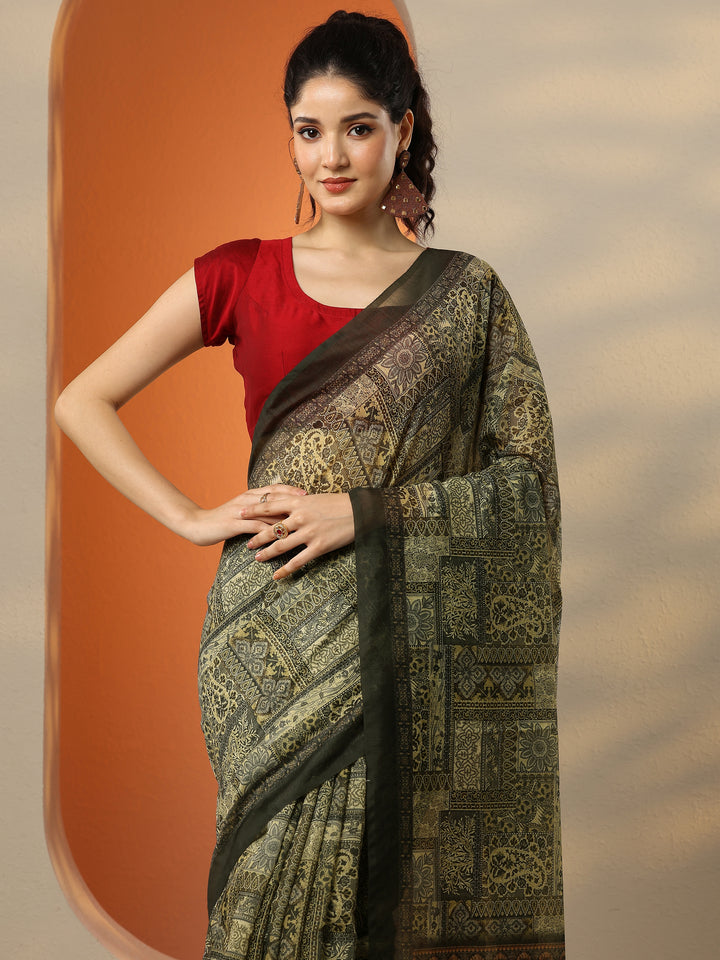 Yellow Printed Silk Blend Saree With Unstitched Blouse Piece