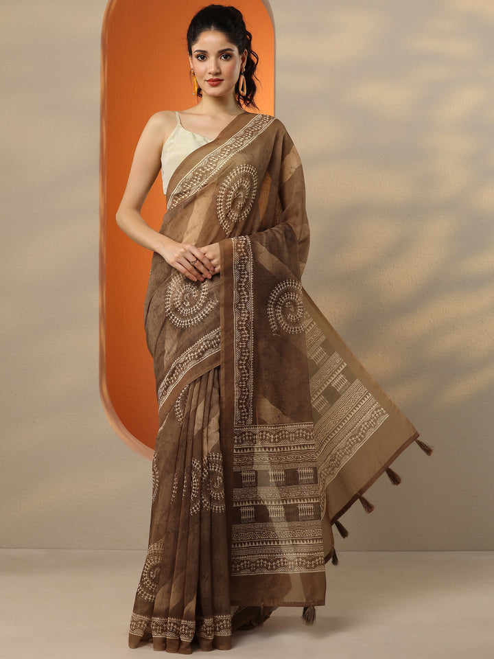 Brown Printed Silk Blend Saree With Unstitched Blouse Piece