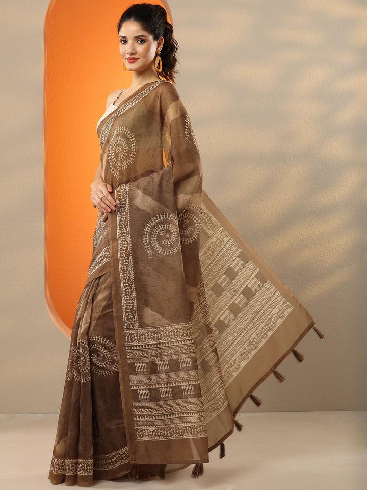 Brown Printed Silk Blend Saree With Unstitched Blouse Piece