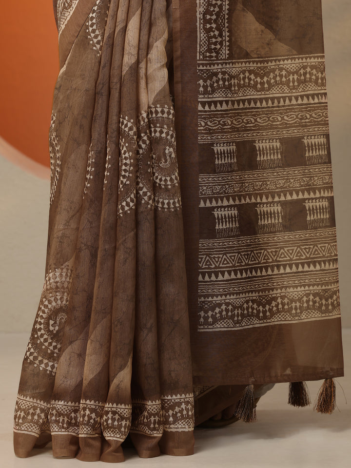Brown Printed Silk Blend Saree With Unstitched Blouse Piece