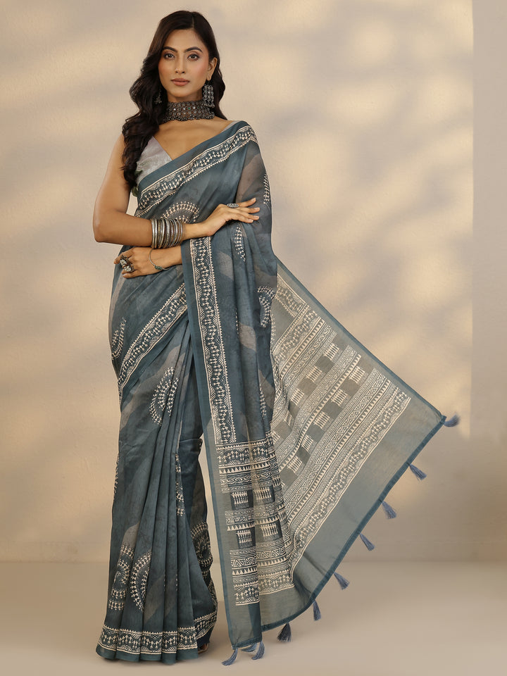 Blue Printed Silk Blend Saree With Unstitched Blouse Piece