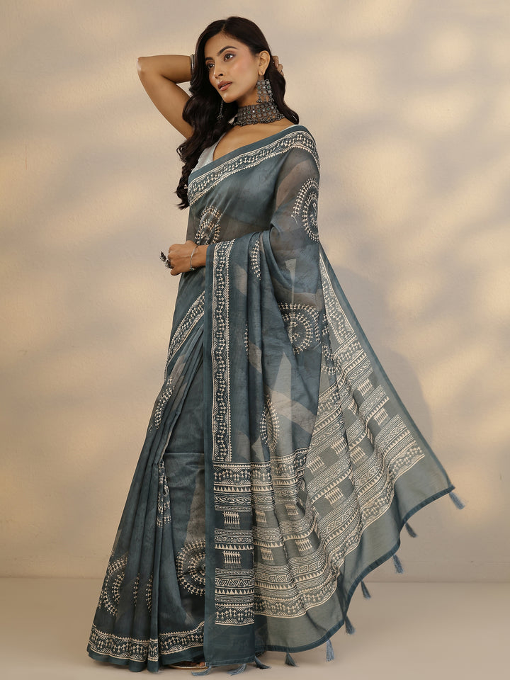 Blue Printed Silk Blend Saree With Unstitched Blouse Piece