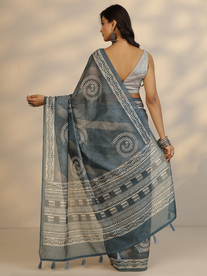 Blue Printed Silk Blend Saree With Unstitched Blouse Piece
