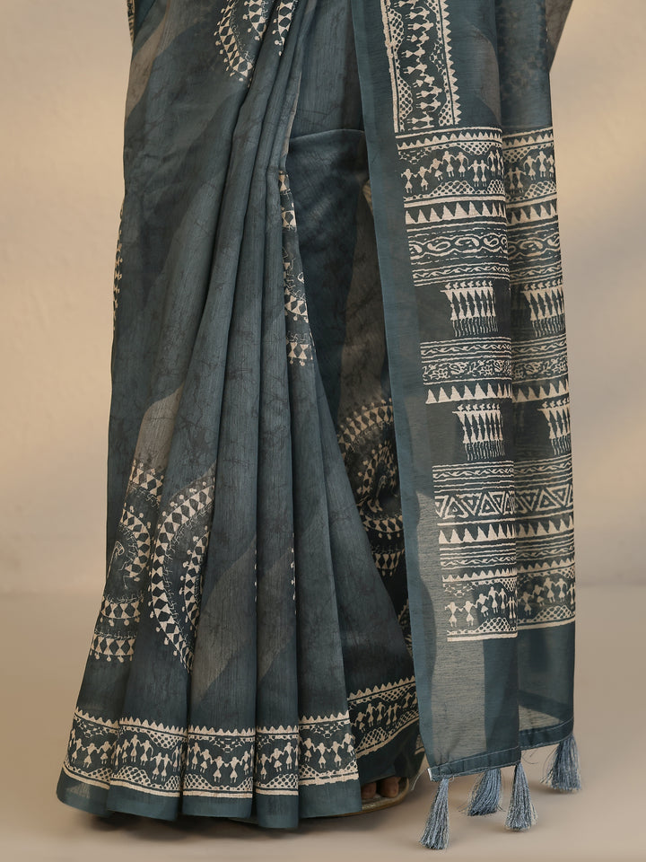 Blue Printed Silk Blend Saree With Unstitched Blouse Piece