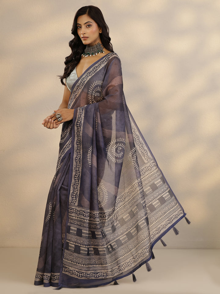 Grey Printed Silk Blend Saree With Unstitched Blouse Piece