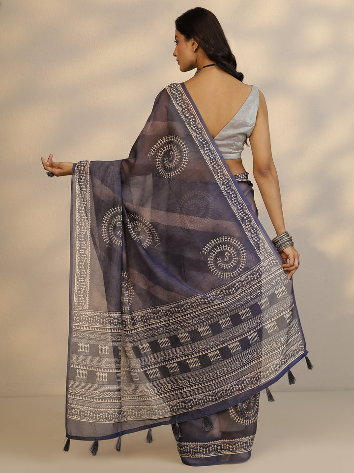 Grey Printed Silk Blend Saree With Unstitched Blouse Piece