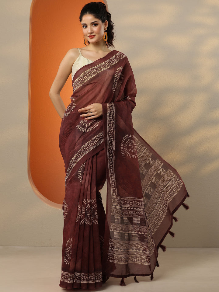 Brown Printed Silk Blend Saree With Unstitched Blouse Piece