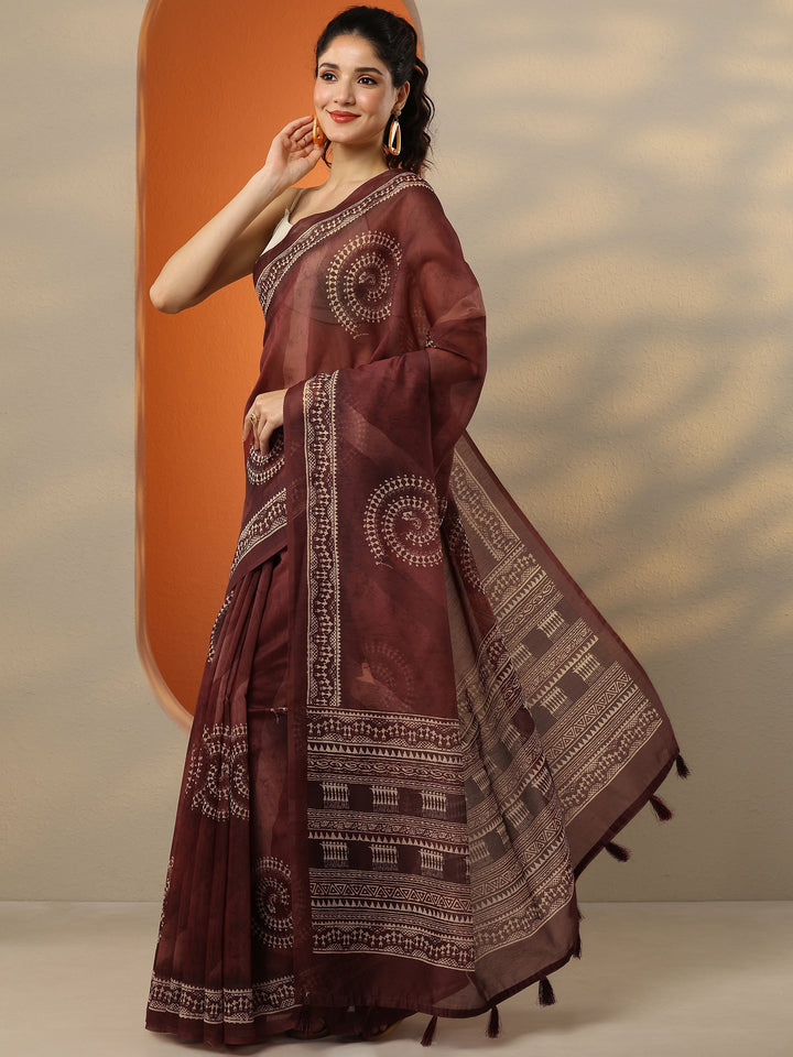Brown Printed Silk Blend Saree With Unstitched Blouse Piece