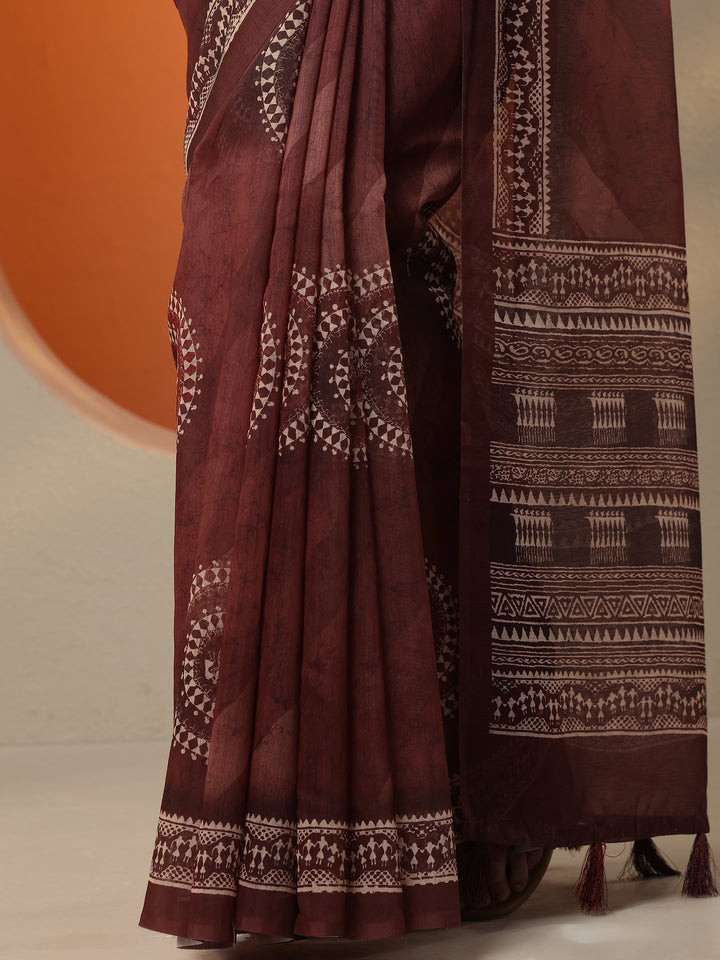 Brown Printed Silk Blend Saree With Unstitched Blouse Piece