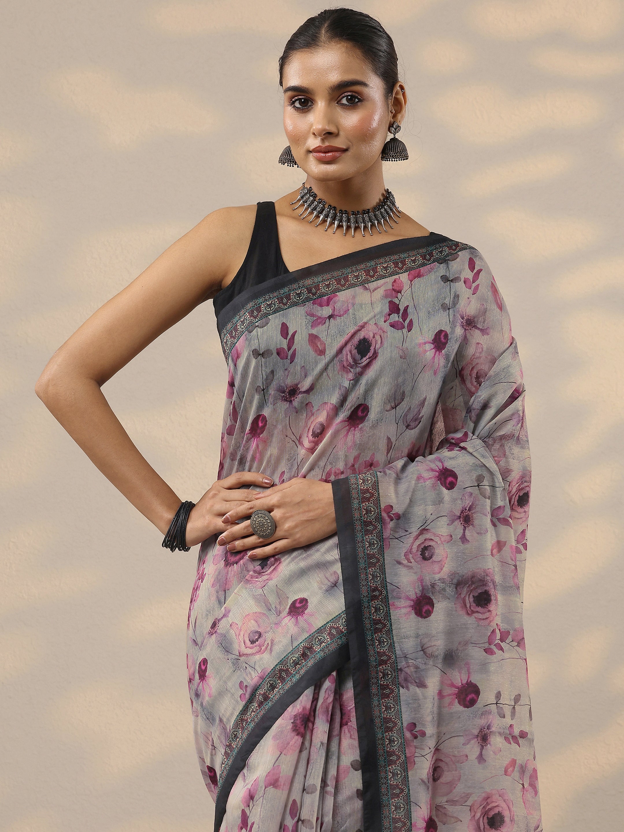 Blue Printed Silk Blend Saree With Unstitched Blouse Piece