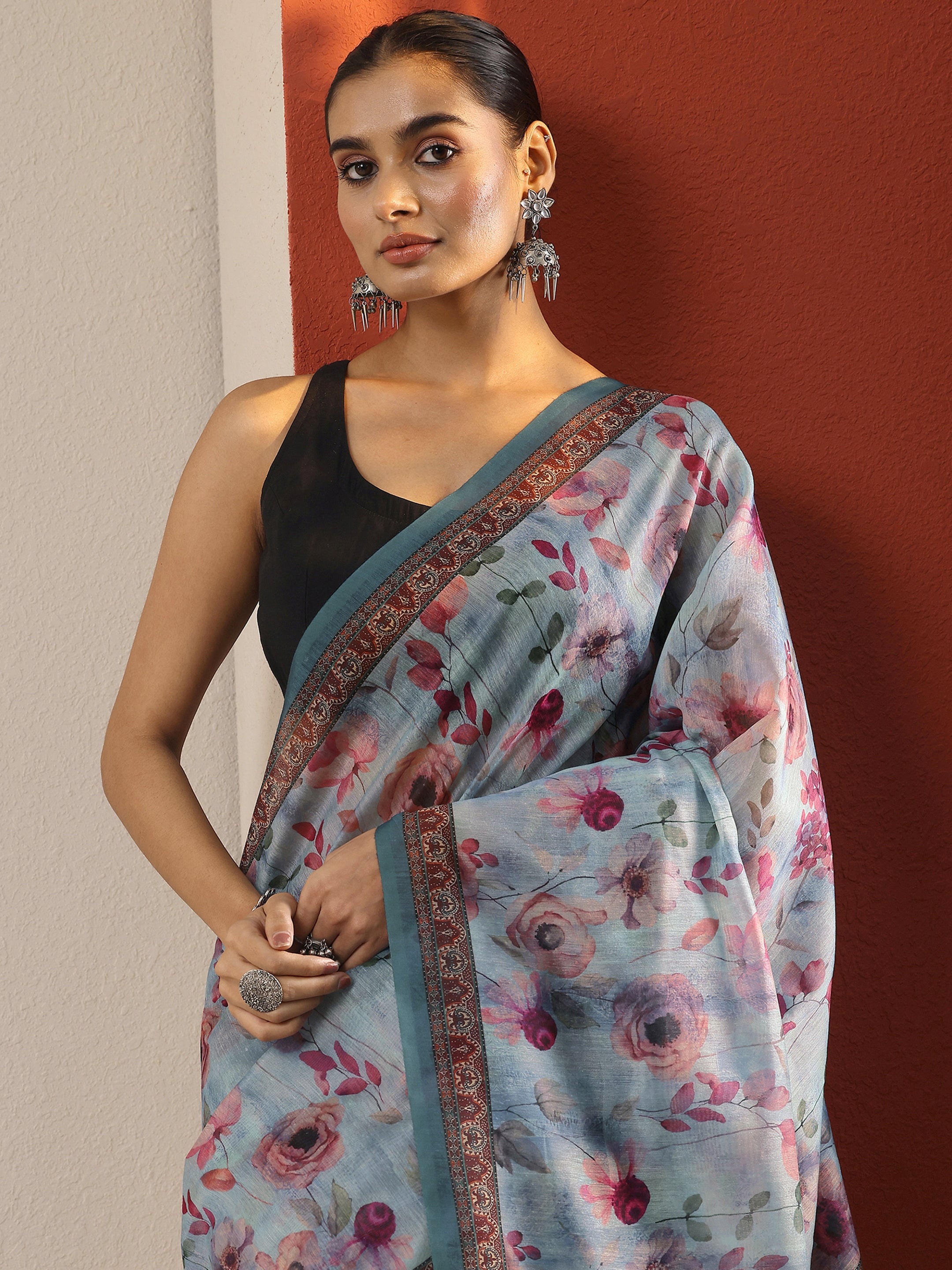 Lavender Printed Silk Blend Saree With Unstitched Blouse Piece