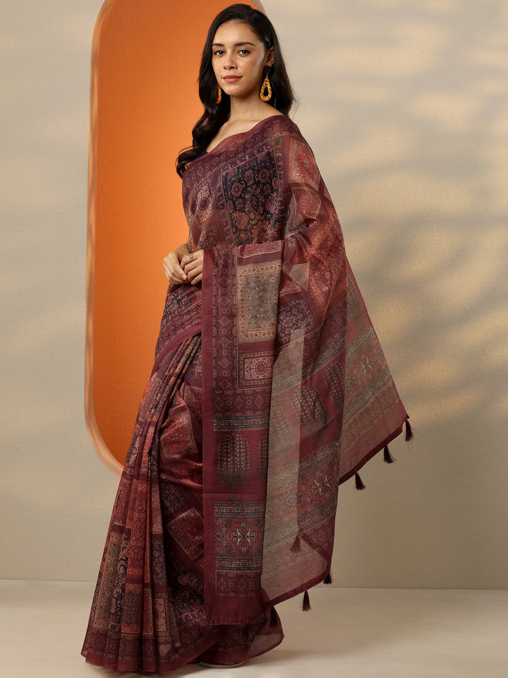 Maroon Printed Silk Blend Saree With Unstitched Blouse Piece
