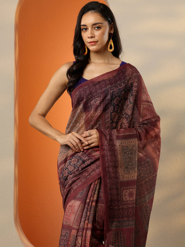 Maroon Printed Silk Blend Saree With Unstitched Blouse Piece