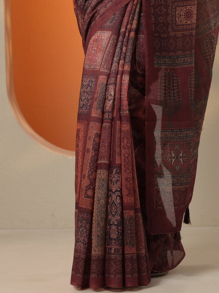Maroon Printed Silk Blend Saree With Unstitched Blouse Piece