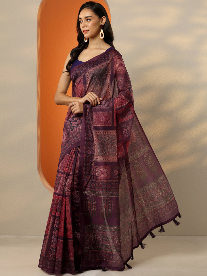 Burgundy Printed Silk Blend Saree With Unstitched Blouse Piece