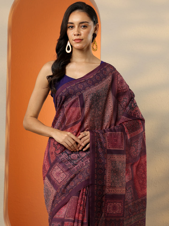 Burgundy Printed Silk Blend Saree With Unstitched Blouse Piece