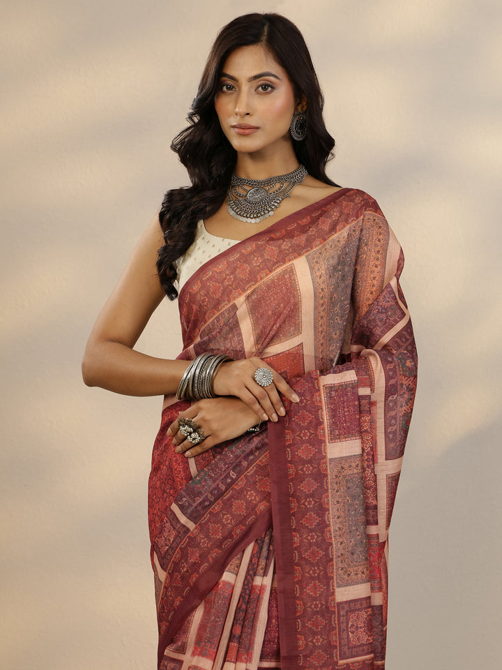 Brown Printed Silk Blend Saree With Unstitched Blouse Piece