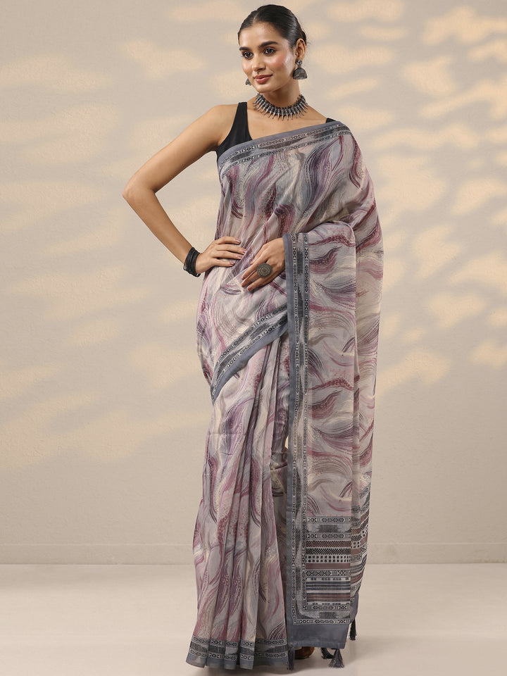 Grey Printed Silk Blend Saree With Unstitched Blouse Piece